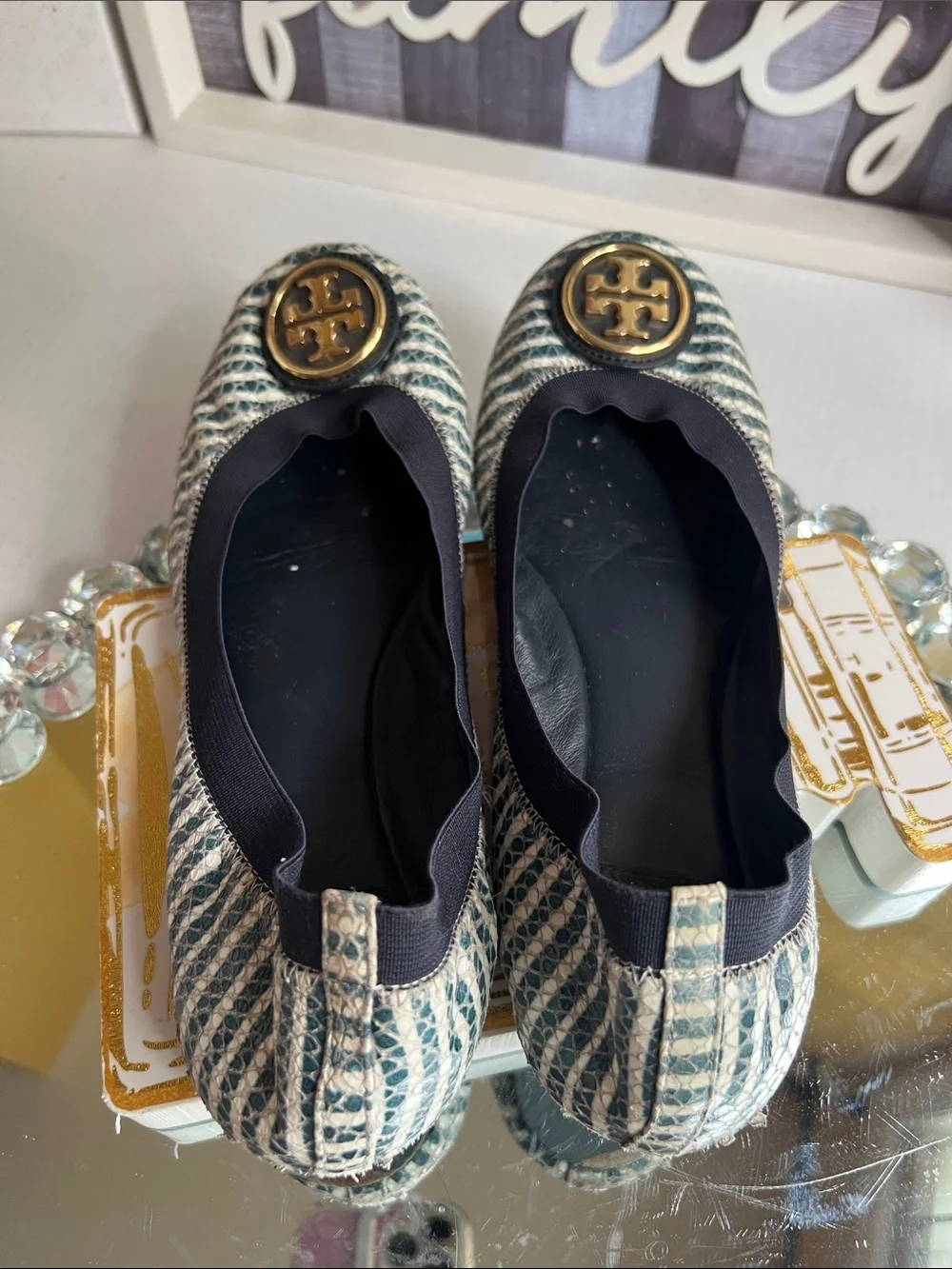 Tory Burch Navy and White Striped Logo Ballet Flats